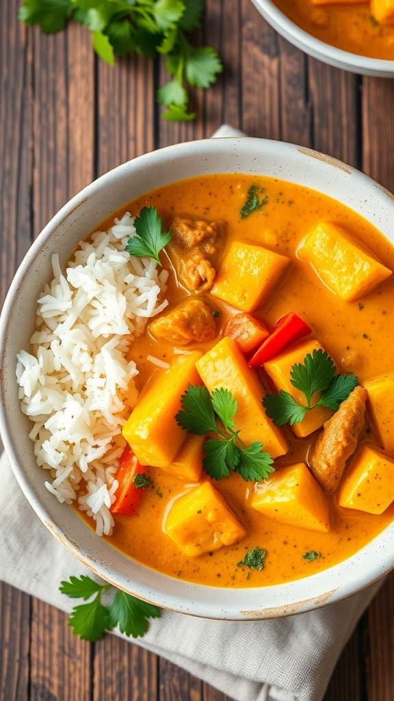 A bowl of quick curry with coconut sauce, vegetables, and protein, garnished with cilantro, served with rice on a rustic table.